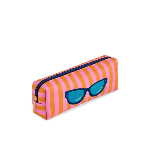 Striped pencil case with sunglasses design on a white background
