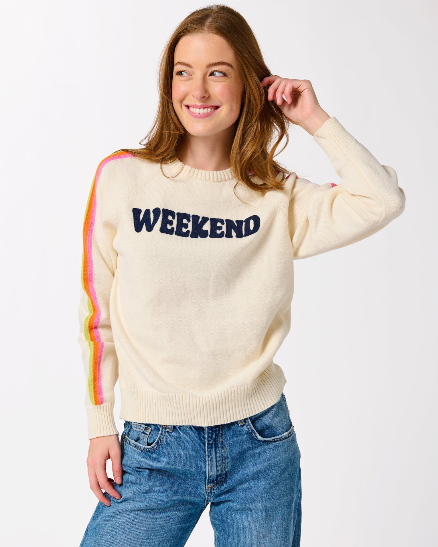 Striped sleeve cream sweater with the lettering "weekend"