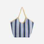 Striped tote bag with blue and beige pattern