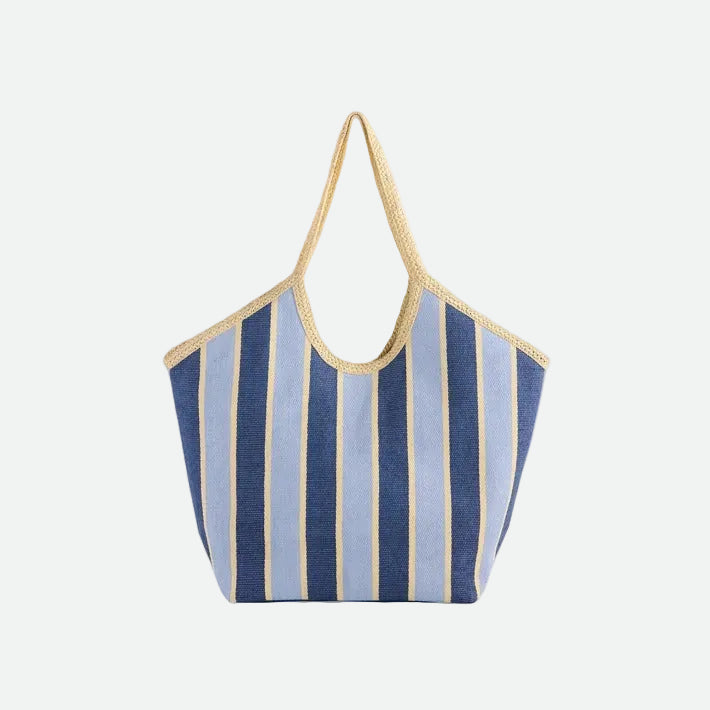 Striped tote bag with blue and beige pattern