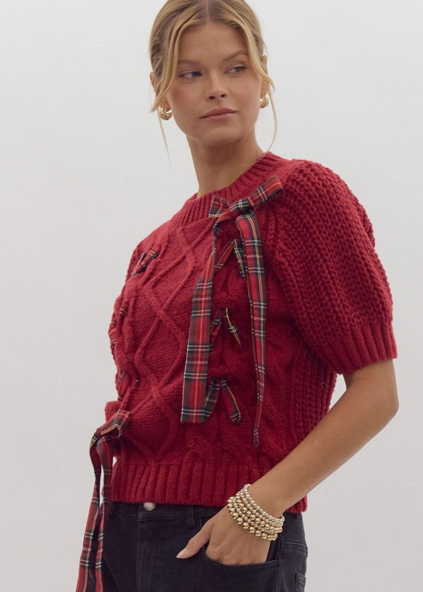 Cable Sweater with Plaid Ribbon