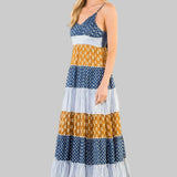patterned dress with blue, yellow, and white colors