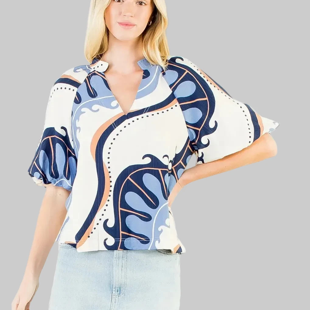 THML brand navy, taupe, and light blue abstract patterned blouse
