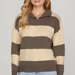 Taupe stripe sweater with zip collar