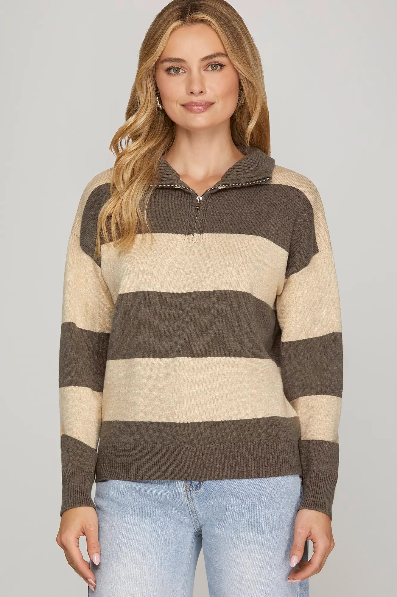 Taupe stripe sweater with zip collar
