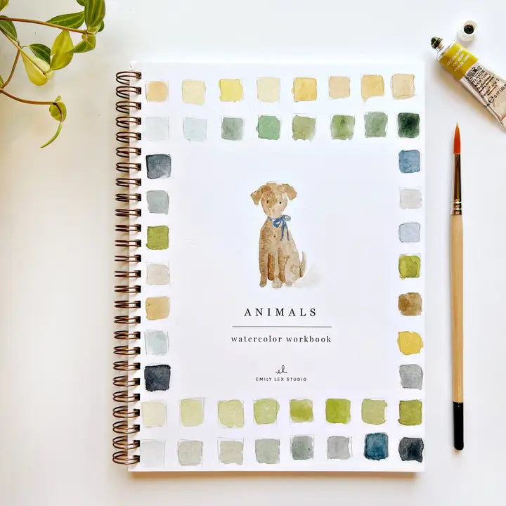 Watercolor workbook titled 'Animals' with a dog illustration