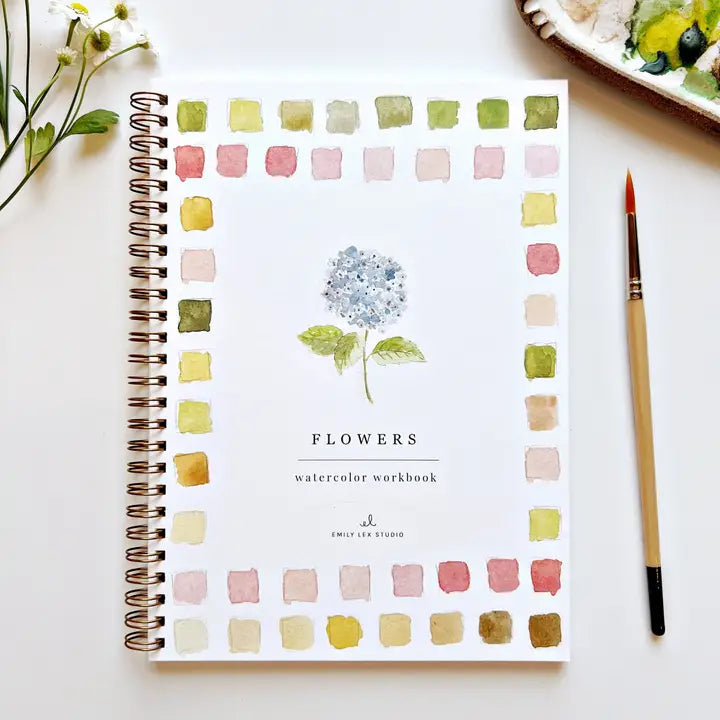 Watercolor workbook titled 'Flowers'