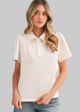 white knit polo blouse with lace trim