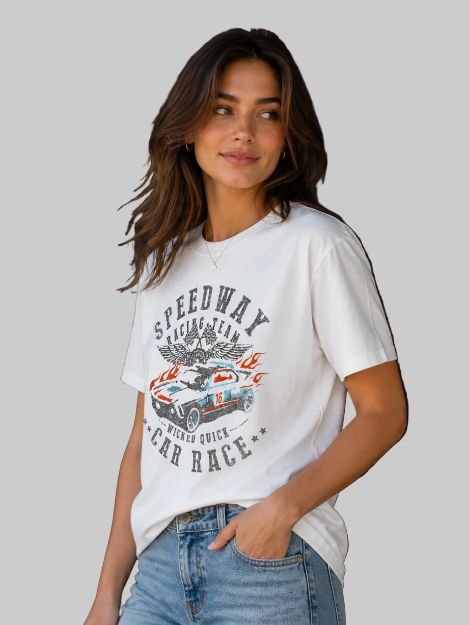White t-shirt with vintage inspired race graphc