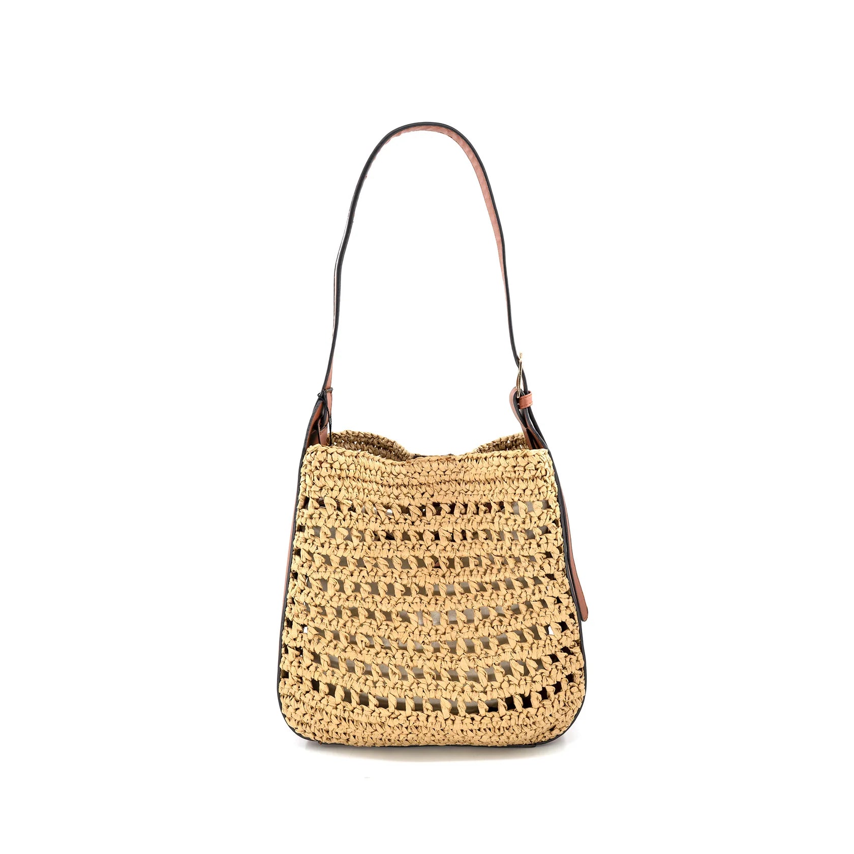 Woven straw bag with brown trim
