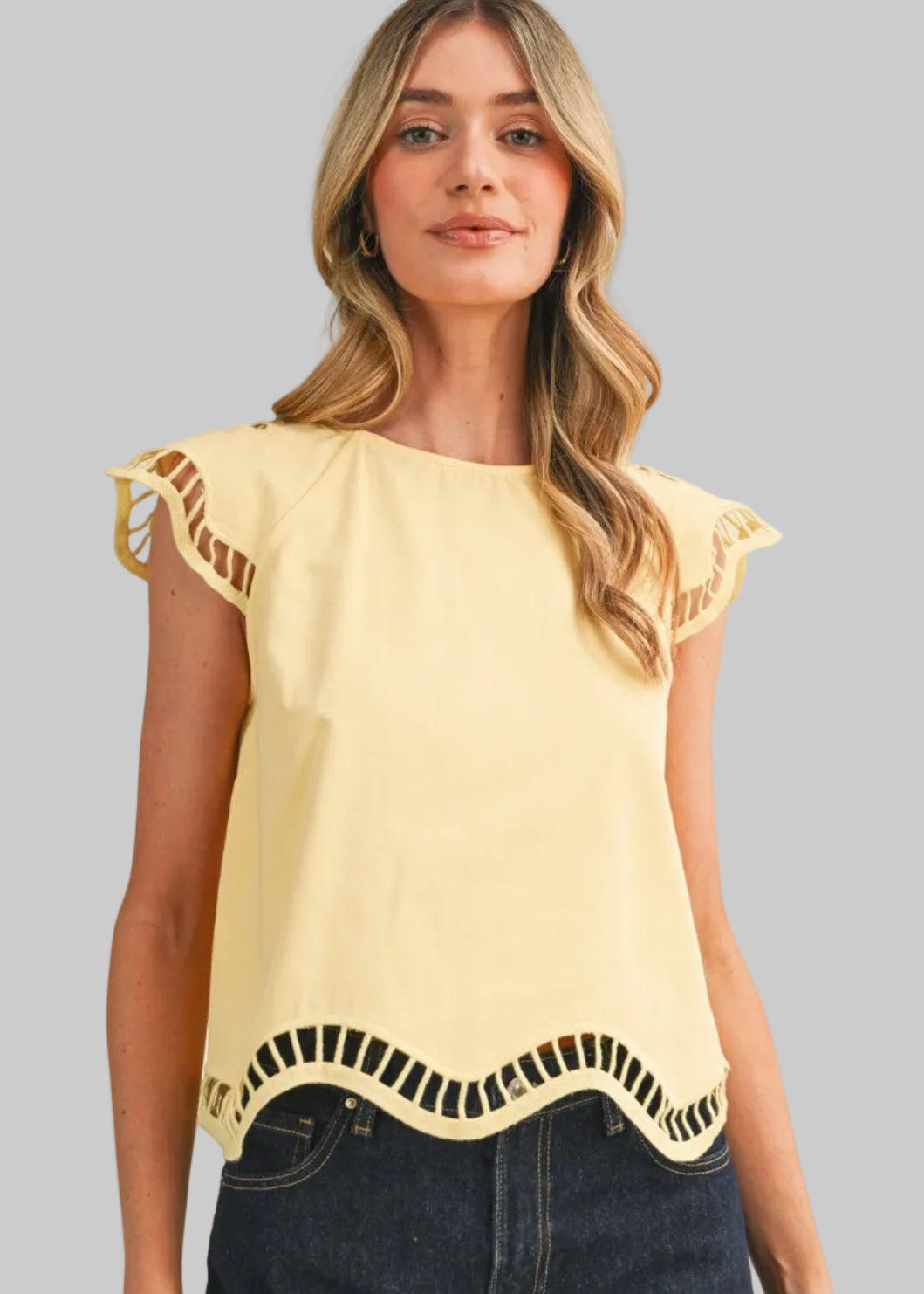 yellow top with ladder lace scalloped bottom 