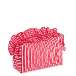 Zip cosmetic bag, red and white striped bag with gingham ruffled edges