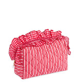 Zip cosmetic bag, red and white striped bag with gingham ruffled edges