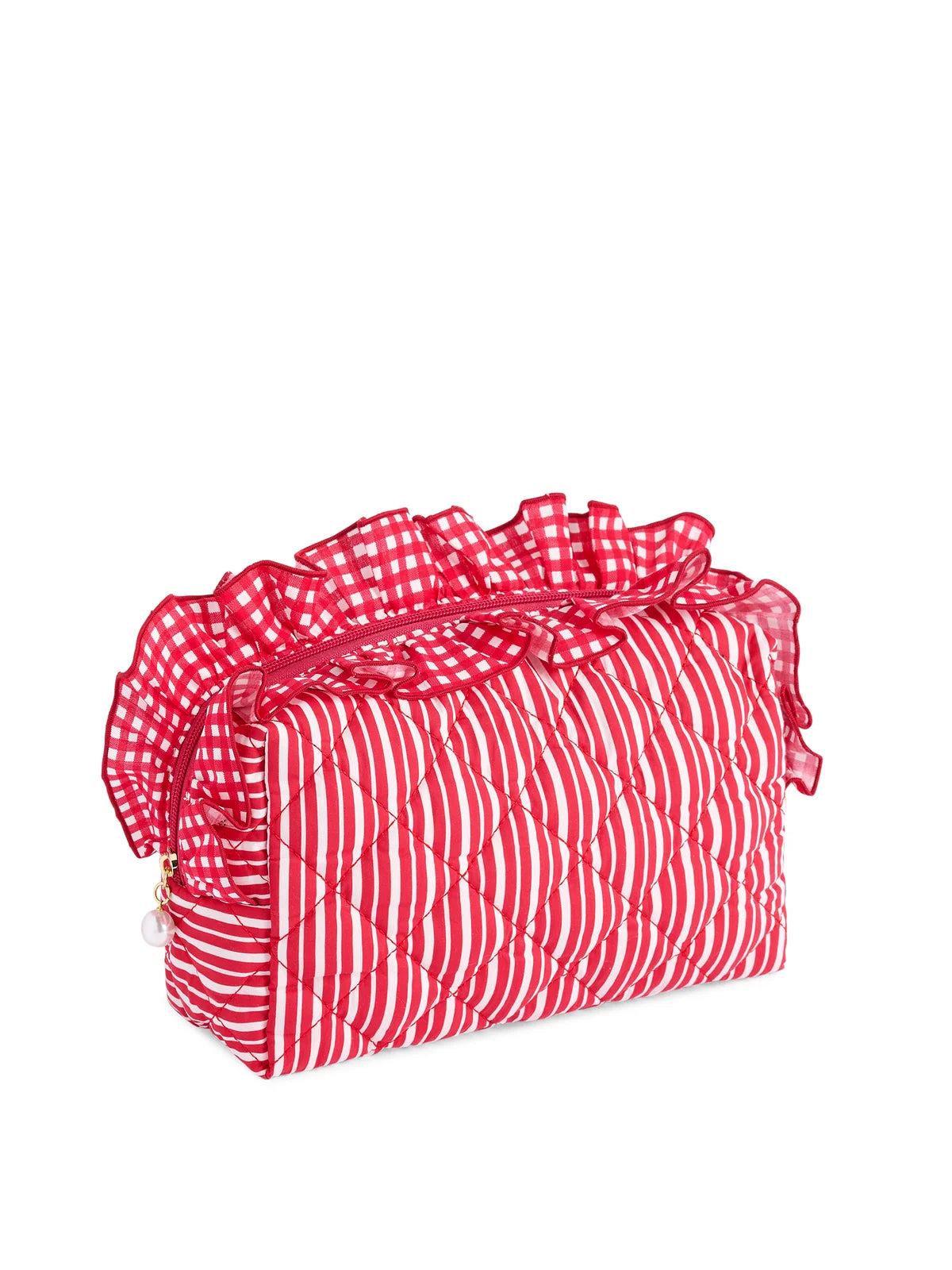 Zip cosmetic bag, red and white striped bag with gingham ruffled edges