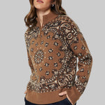 brown quarter-zip knit sweater with a beige and navy paisley pattern