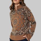 brown quarter-zip knit sweater with a beige and navy paisley pattern
