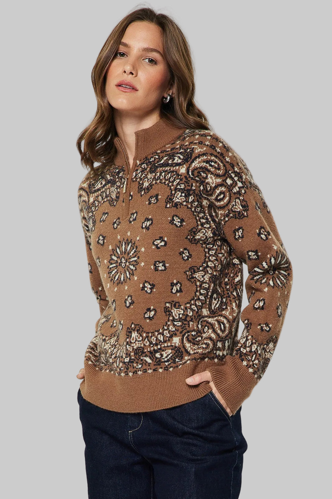 brown quarter-zip knit sweater with a beige and navy paisley pattern