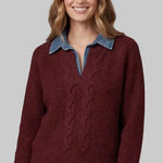 Burgundy women’s pullover with contrasting blue collar