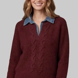 Burgundy women’s pullover with contrasting blue collar