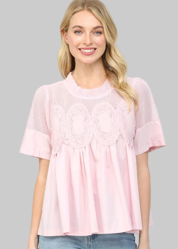 light pink blouse with lace details 