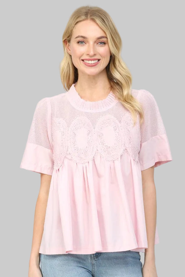 light pink blouse with lace details 