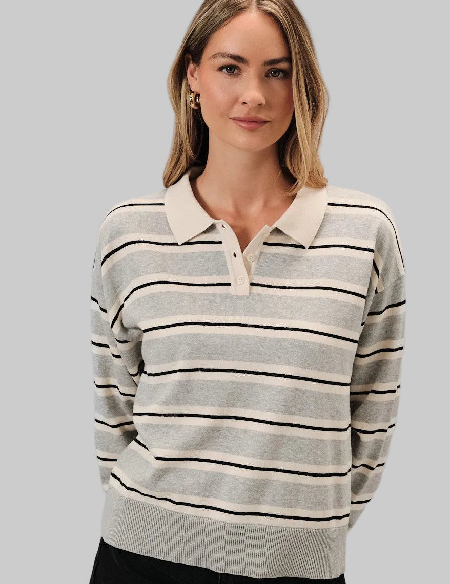 long-sleeve knit polo sweater with horizontal stripes in cream, light gray, and black