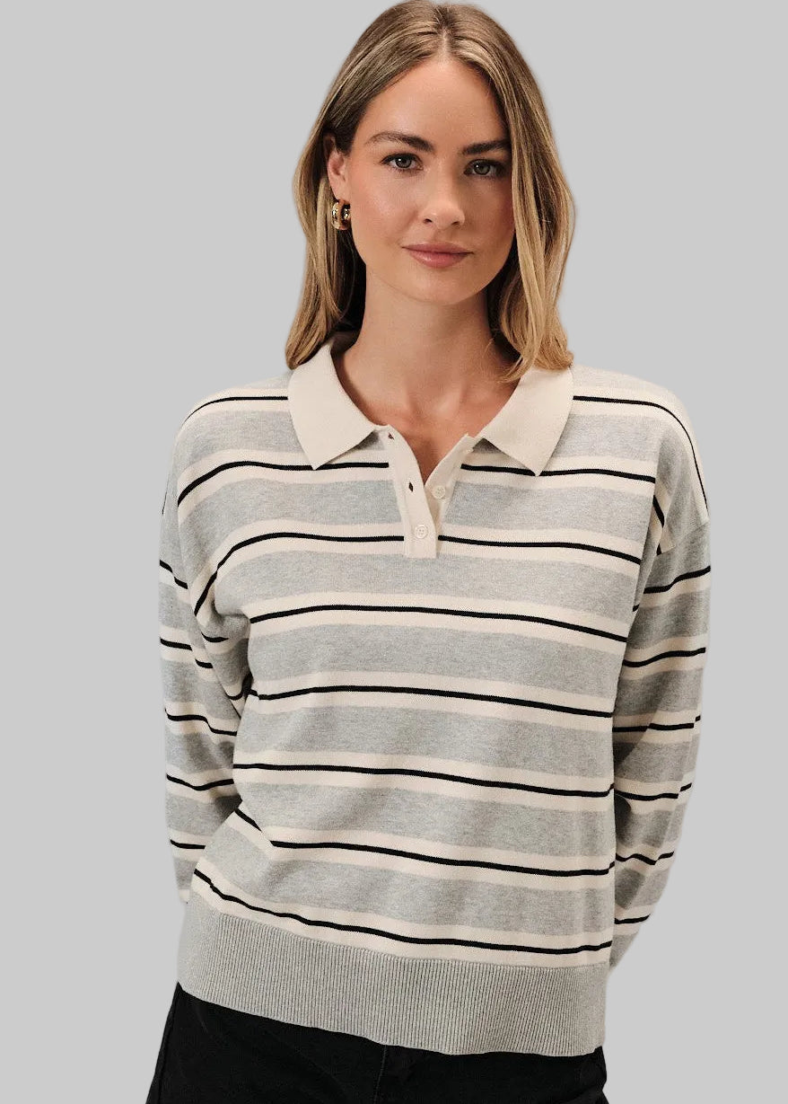 long-sleeve knit polo sweater with horizontal stripes in cream, light gray, and black