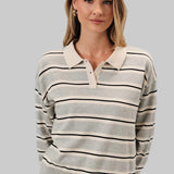 long-sleeve knit polo sweater with horizontal stripes in cream, light gray, and black