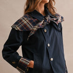 Women's  plaid jacket with navy oversized tie collar and front pockets
