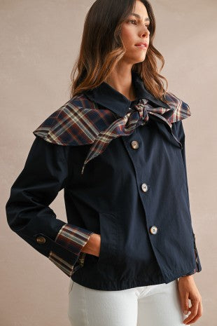 Women's  plaid jacket with navy oversized tie collar and front pockets