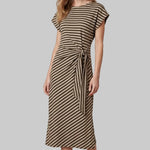 short-sleeve midi dress with diagonal brown and beige stripes, featuring a tie-waist detail