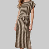 short-sleeve midi dress with diagonal brown and beige stripes, featuring a tie-waist detail