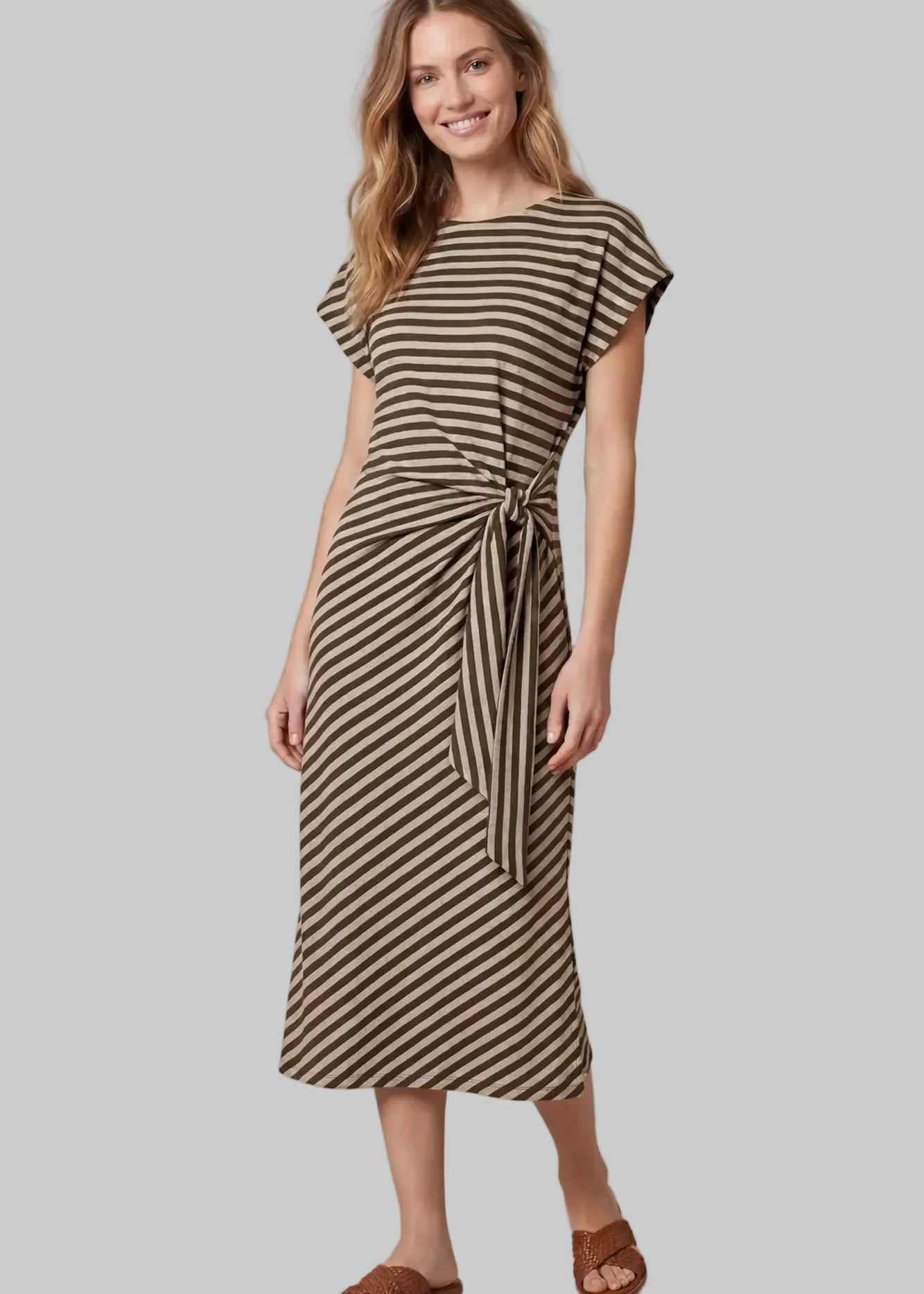 short-sleeve midi dress with diagonal brown and beige stripes, featuring a tie-waist detail