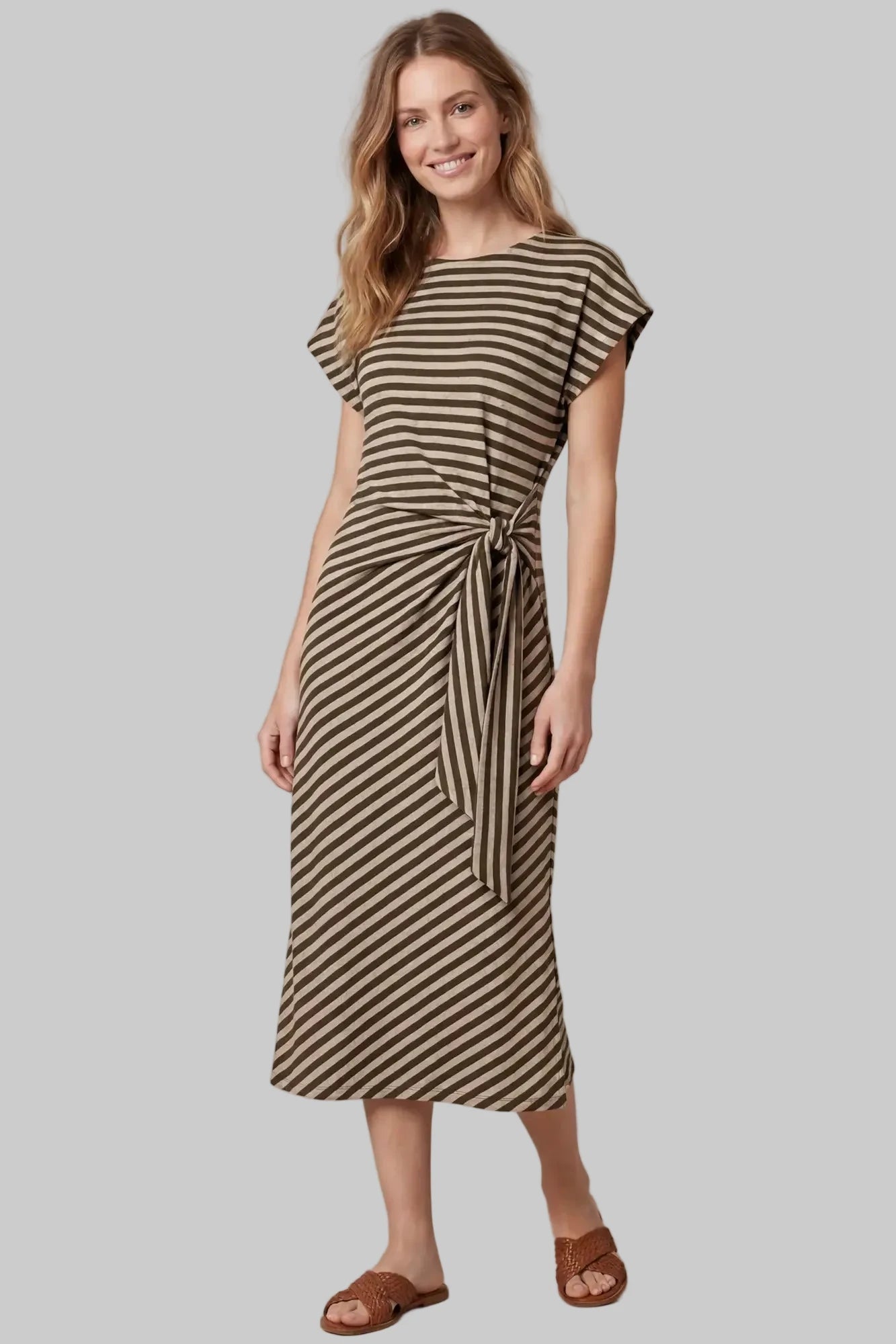 short-sleeve midi dress with diagonal brown and beige stripes, featuring a tie-waist detail