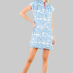 short-sleeve mini dress with a light blue and white abstract pattern, featuring a pink collar detail