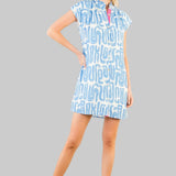 short-sleeve mini dress with a light blue and white abstract pattern, featuring a pink collar detail